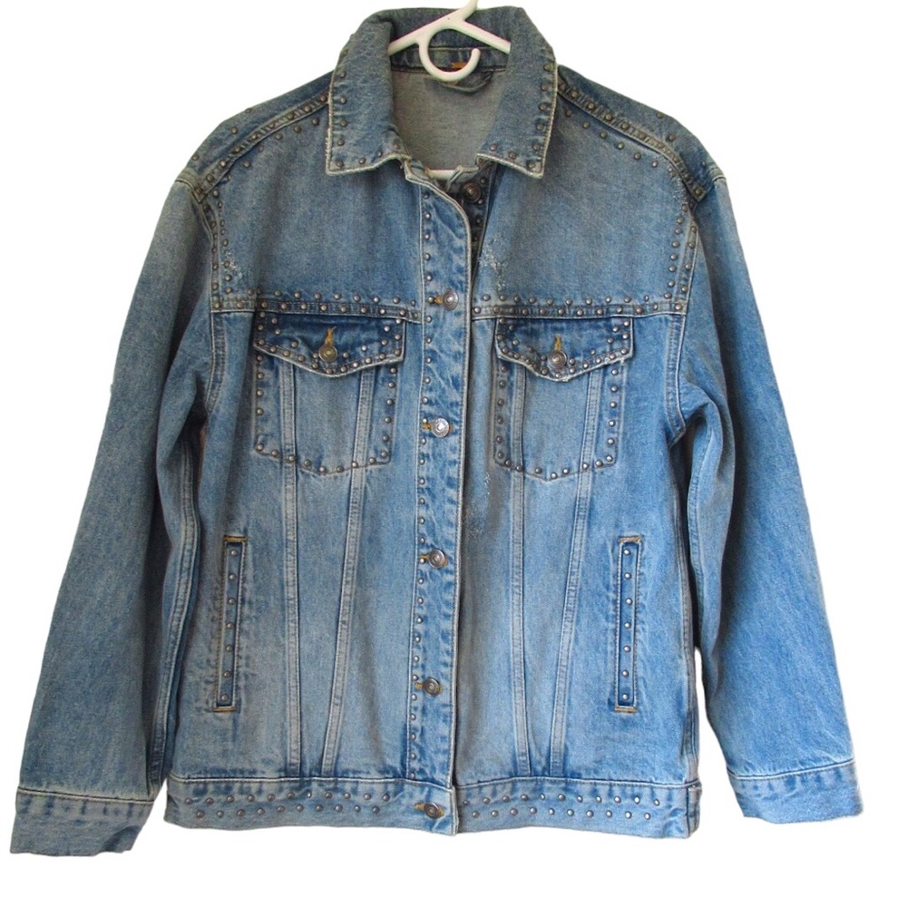 Free People Jean Jacket Distressed Studded Trucker Jacket